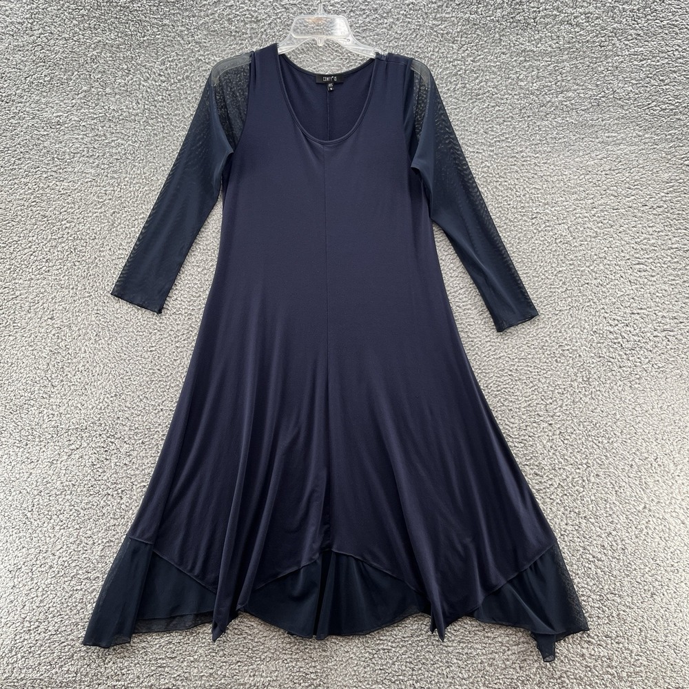Comfy USA Dress Small Navy Knit Stretch Jersey Relax Lagenlook Flowy Sheer Midi